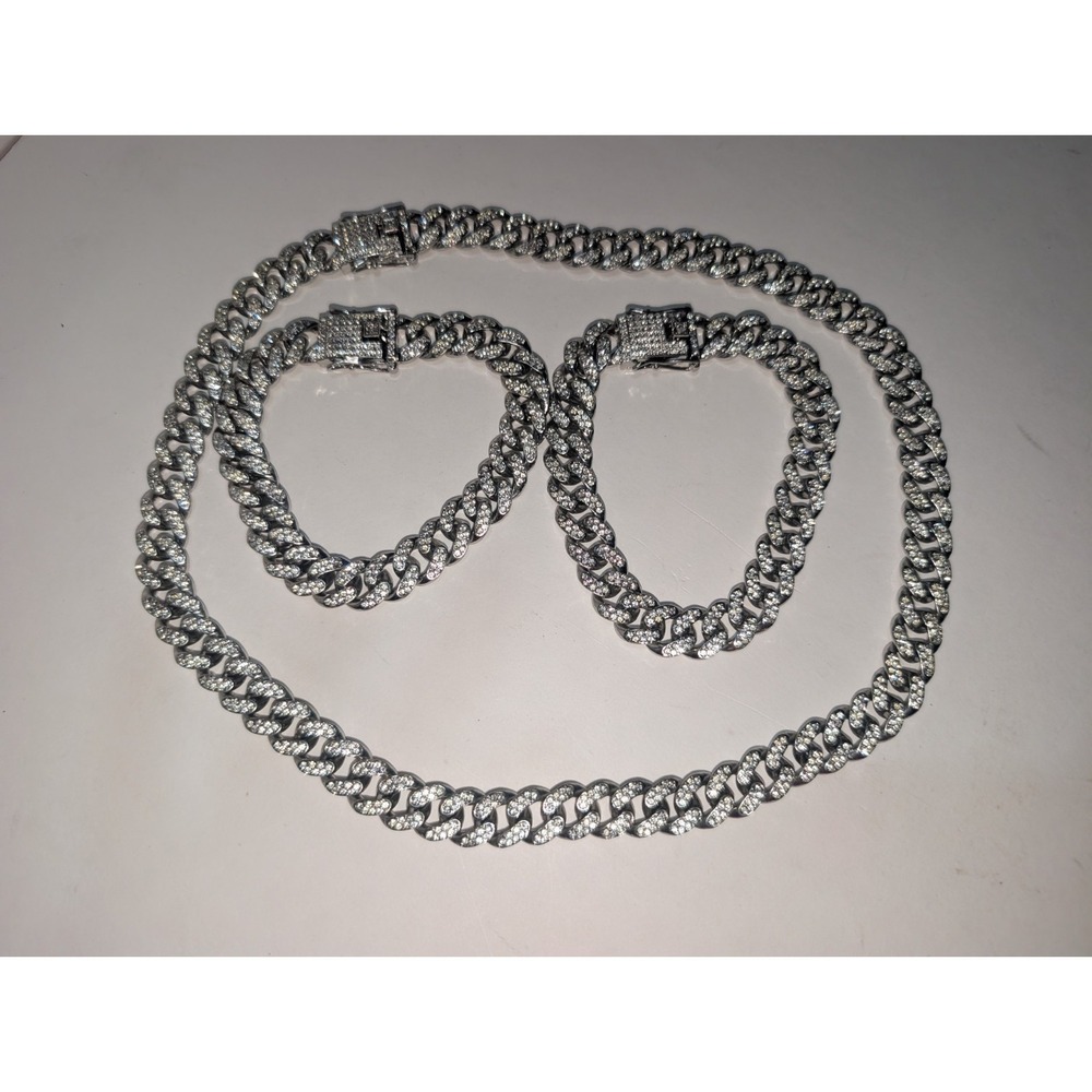 Silver Cuban Link Necklace and Bracelet Set - Men Accessories